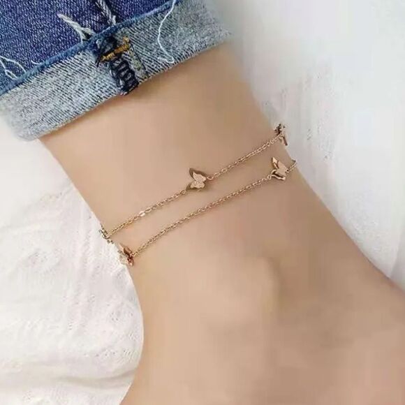 #46 Gold Butterfly Double Chain Bracelet Anklet - Picture 1 of 8
